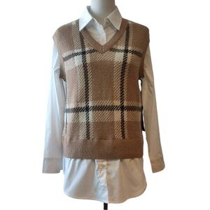 Rachel Zoe Tan Plaid V-Neck Sweater Vest